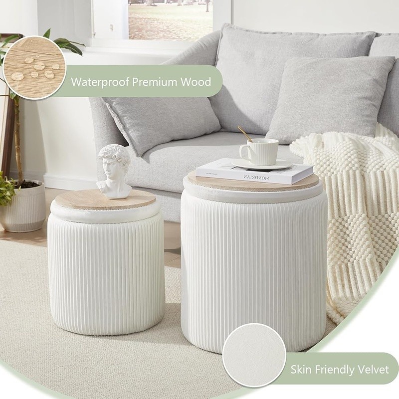 Round Storage Ottoman Set Stackable Footrest Vanity Stool W/ Ample Storage New gallery