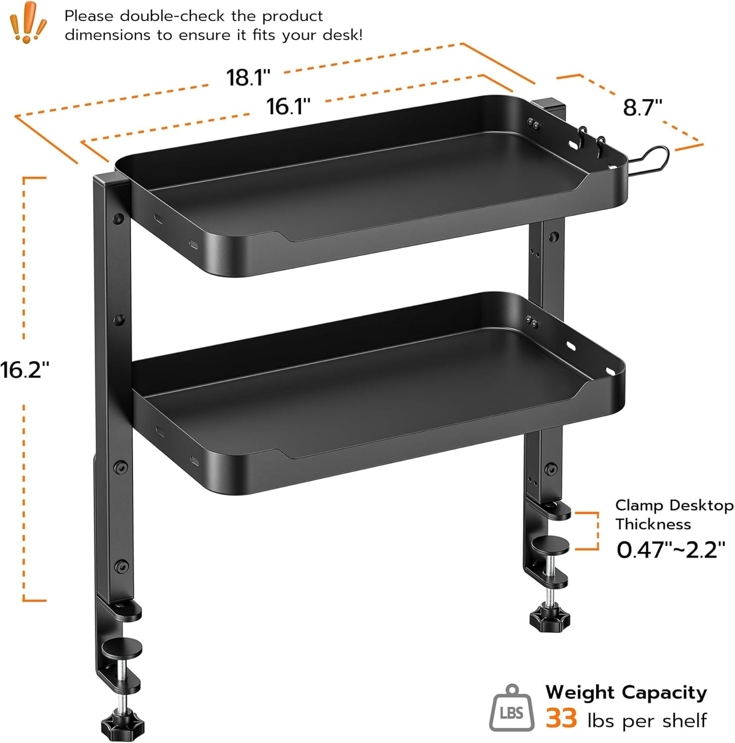ARES WING Black 16 Inch 2 Tier Clamp On Desk Shelf gallery