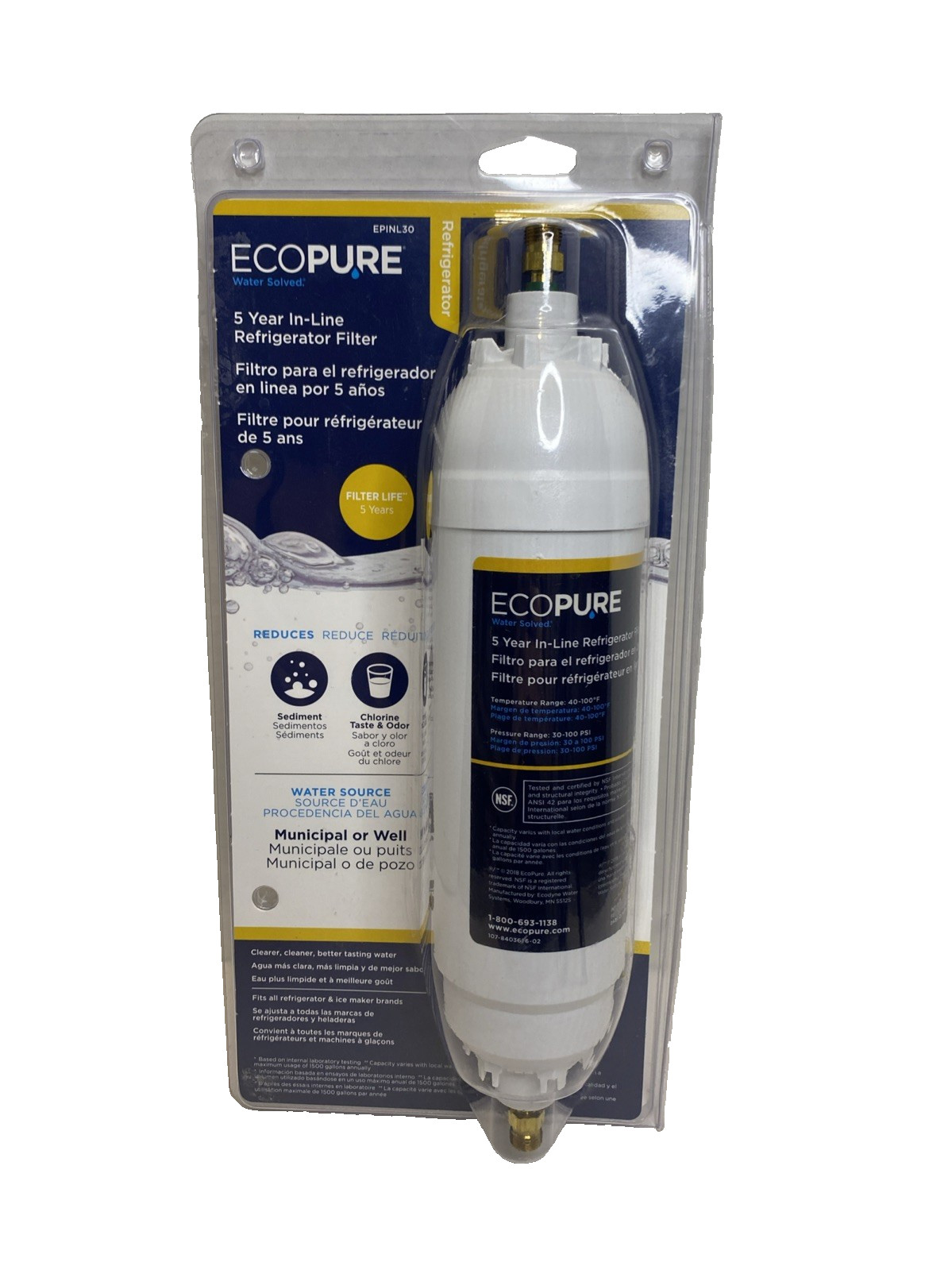 EcoPure EPINL30 5 Year In-Line Refrigerator Filter Replacement Sealed gallery