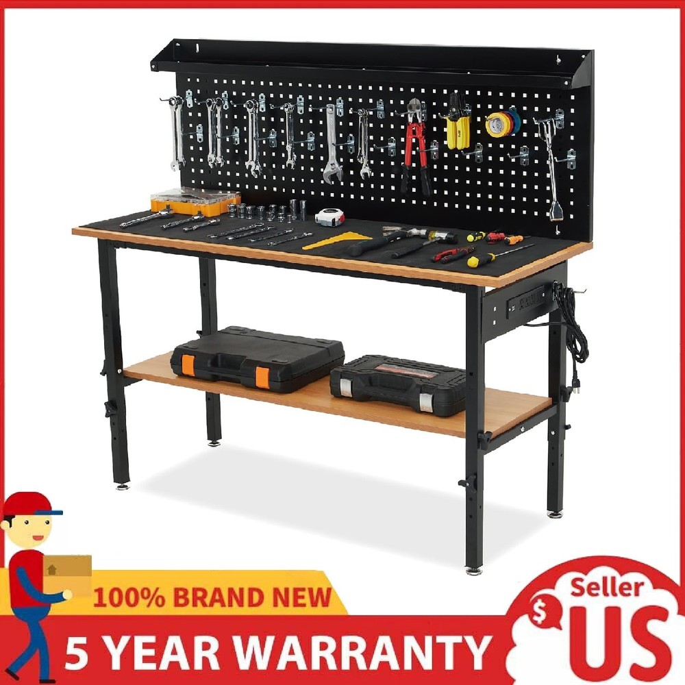 Adjustable Workbench, 60" Work Bench with Power Outlet, Pegboard 2200 Lbs Load