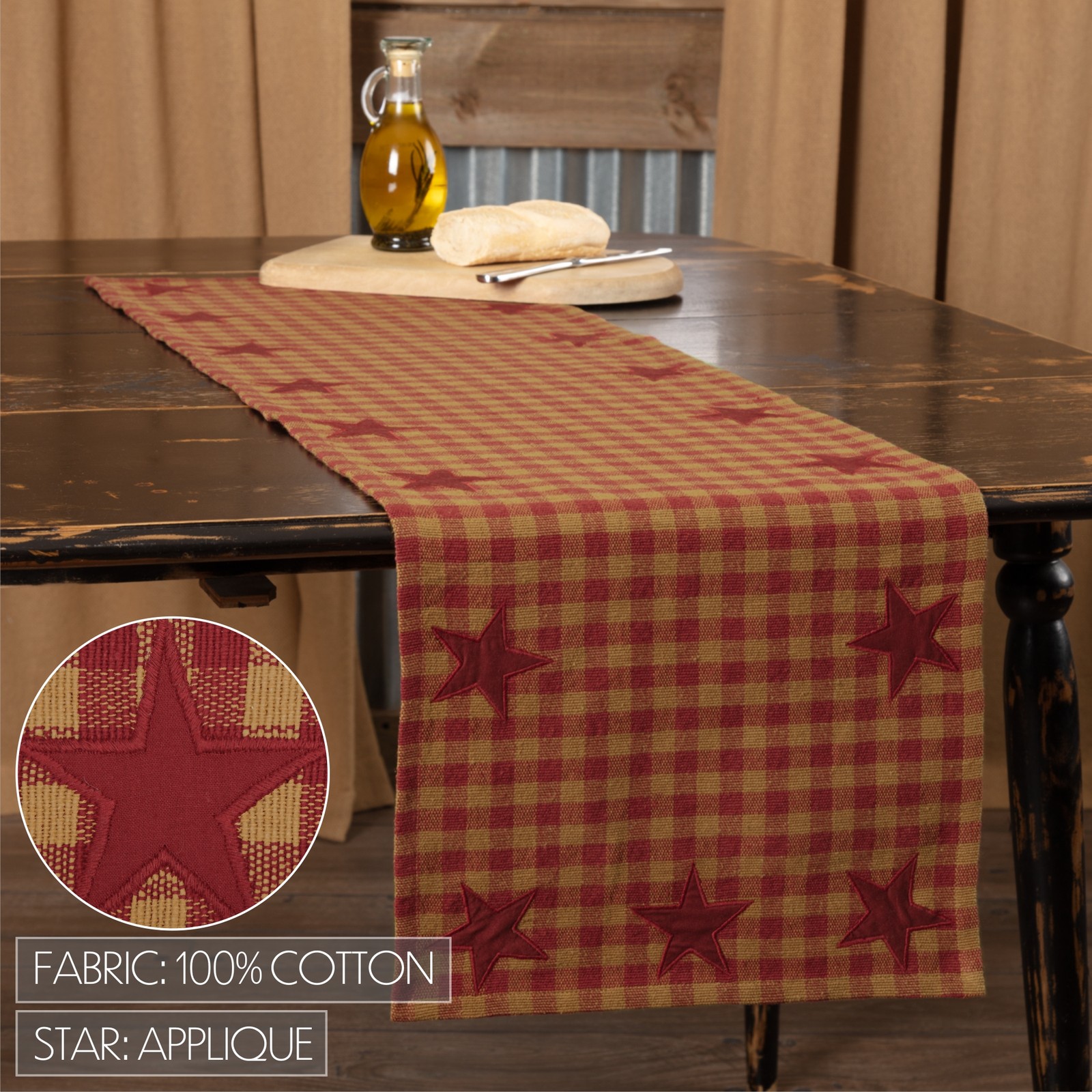 Table Runner Burgundy Star Primitive 13x48 Rect Woven Kitchen Decor VHC Brands gallery