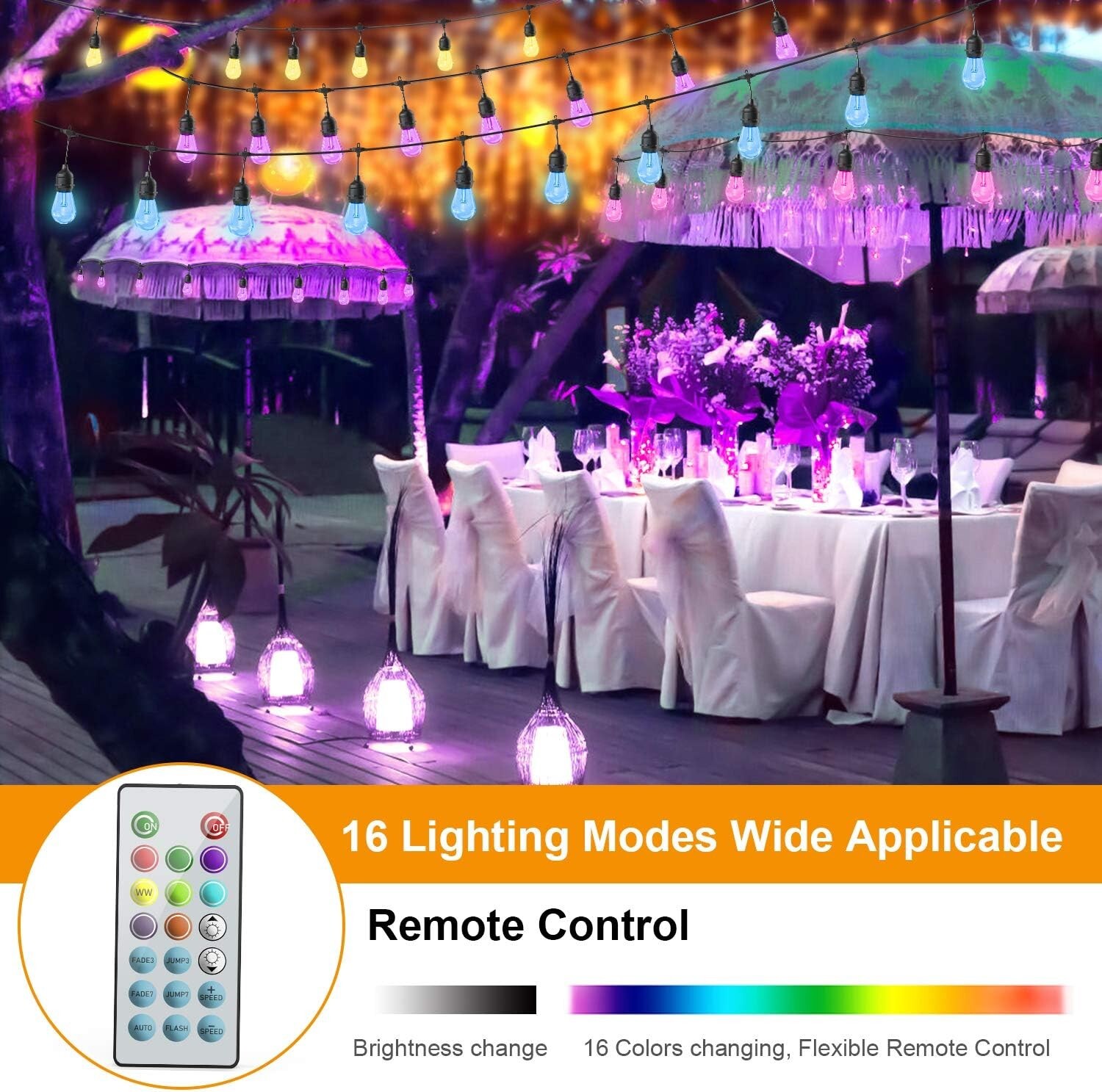 48ft String Lights RGB Cafe LED String Lights w/15 S14 Bulbs Backyard Waterproof gallery