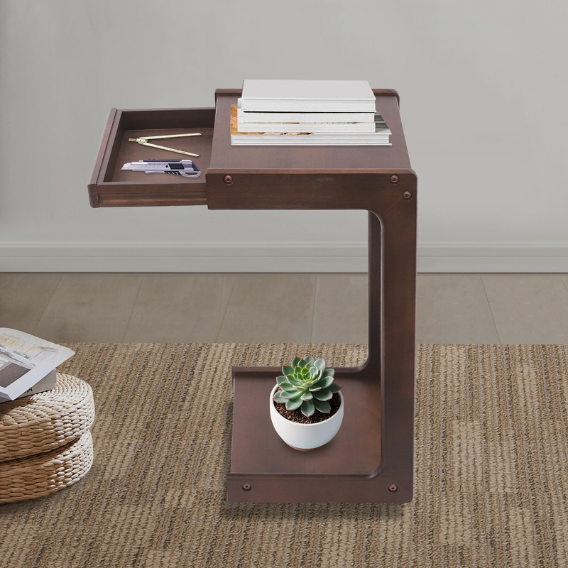 2-Tierd Solid Wood Bedside C-Shaped Side Table w/ Drawer & Lockable Wheels gallery
