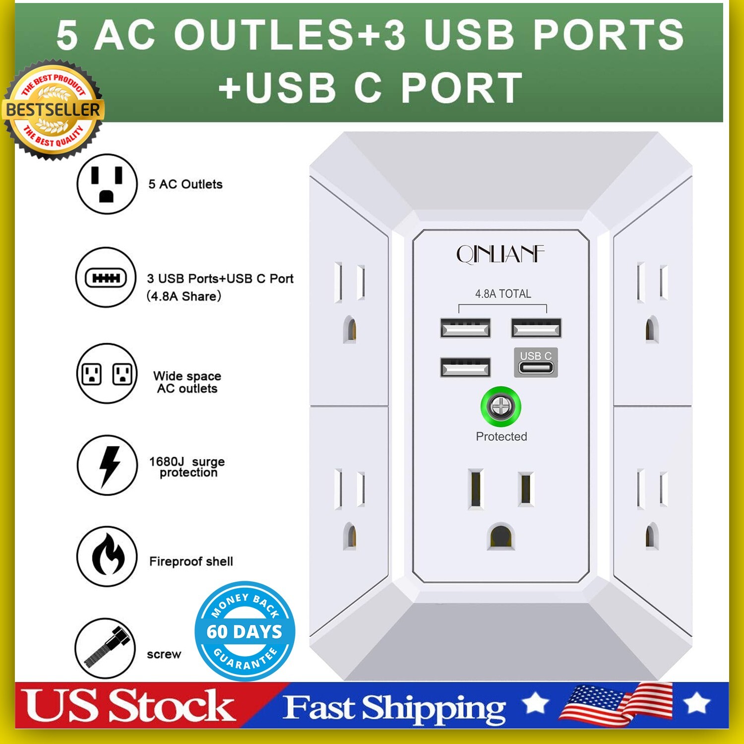 5 Outlet Extender Surge Protector Multi Plug Wall Adapter USB Charger Ports with gallery