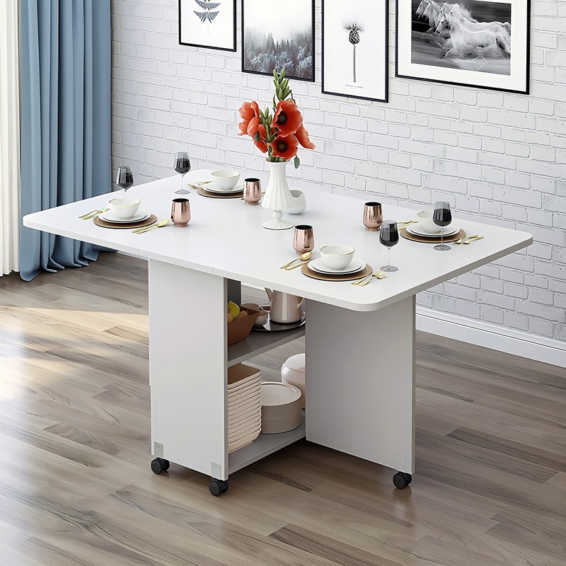 Folding Wheeled Drop Leaf Table with Storage, Space Saving Dining Table, White gallery