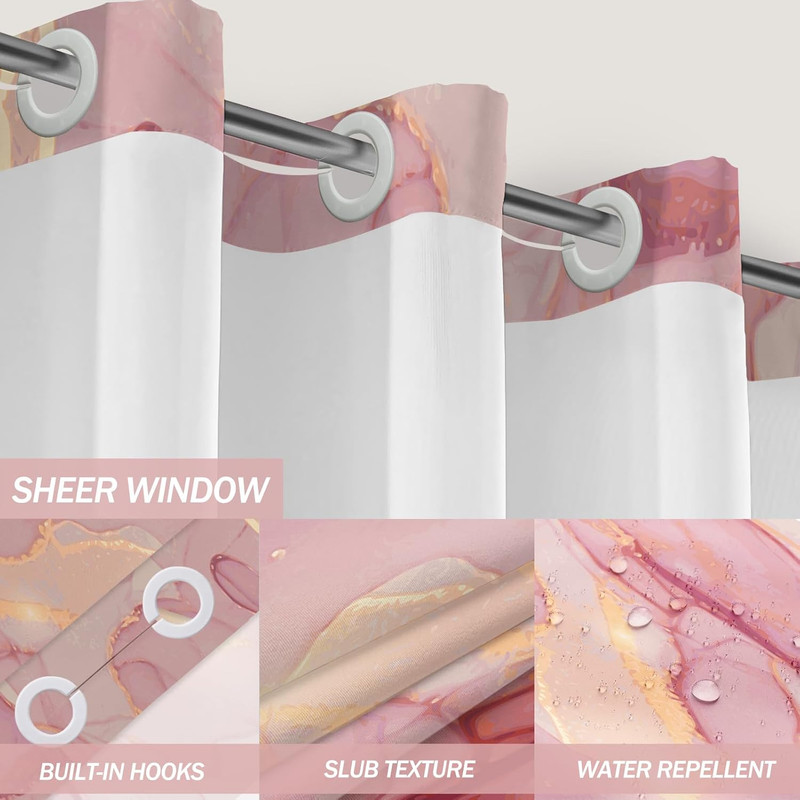 Hookless Shower Curtain Pink Gold Marble No Hooks Snap-In 71x74" Machine Washabl gallery