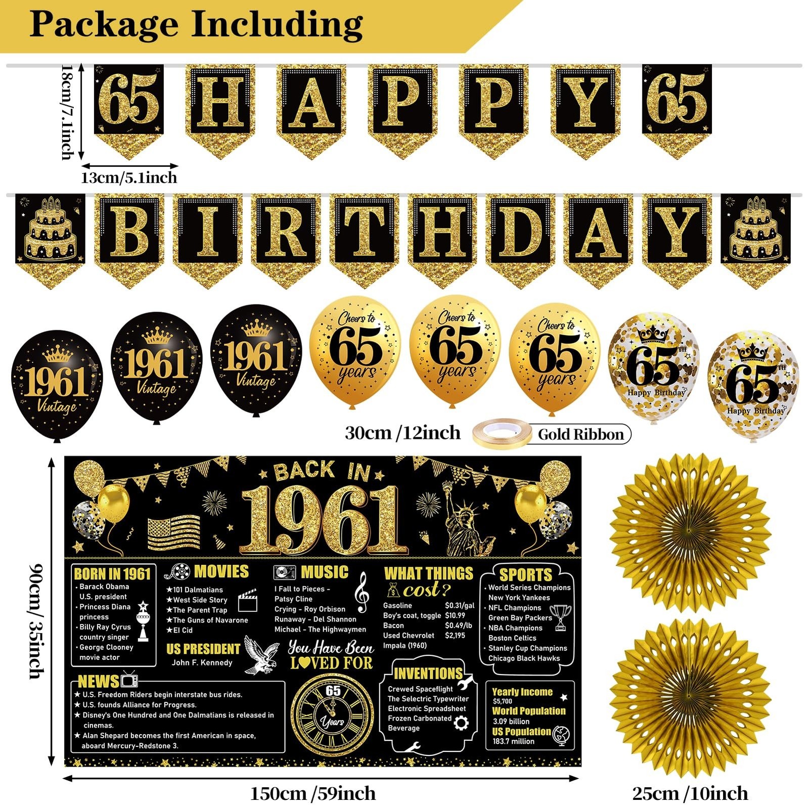 65th Birthday Decorations Kit for Men Women, Black Gold 24PCS Back in 1961 Ba... gallery