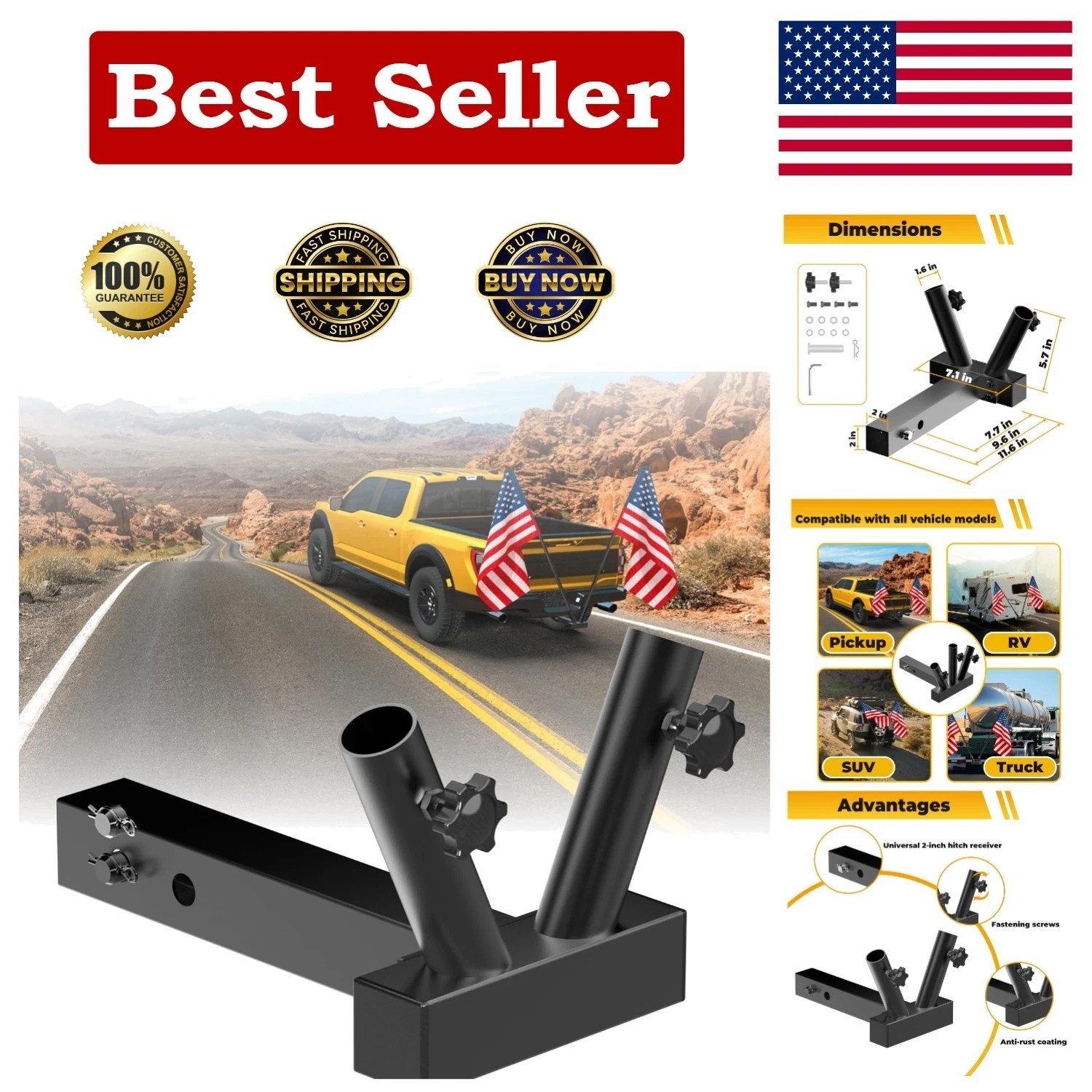 Powder-Coated Double Flagpole Holder for Standard 2" Trailer Hitch - Secure Fit gallery