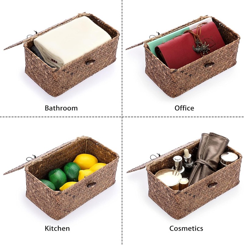 Wicker Shelf Baskets Bin with Lid, Handwoven Seagrass Basket Storage Bins gallery