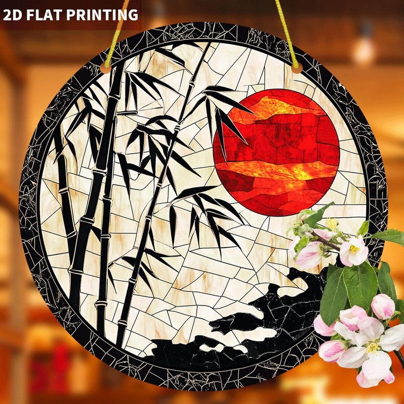 Oriental Bamboo Red Sun Pattern Acrylic Suncatcher Round Window Hanging Decor gallery
