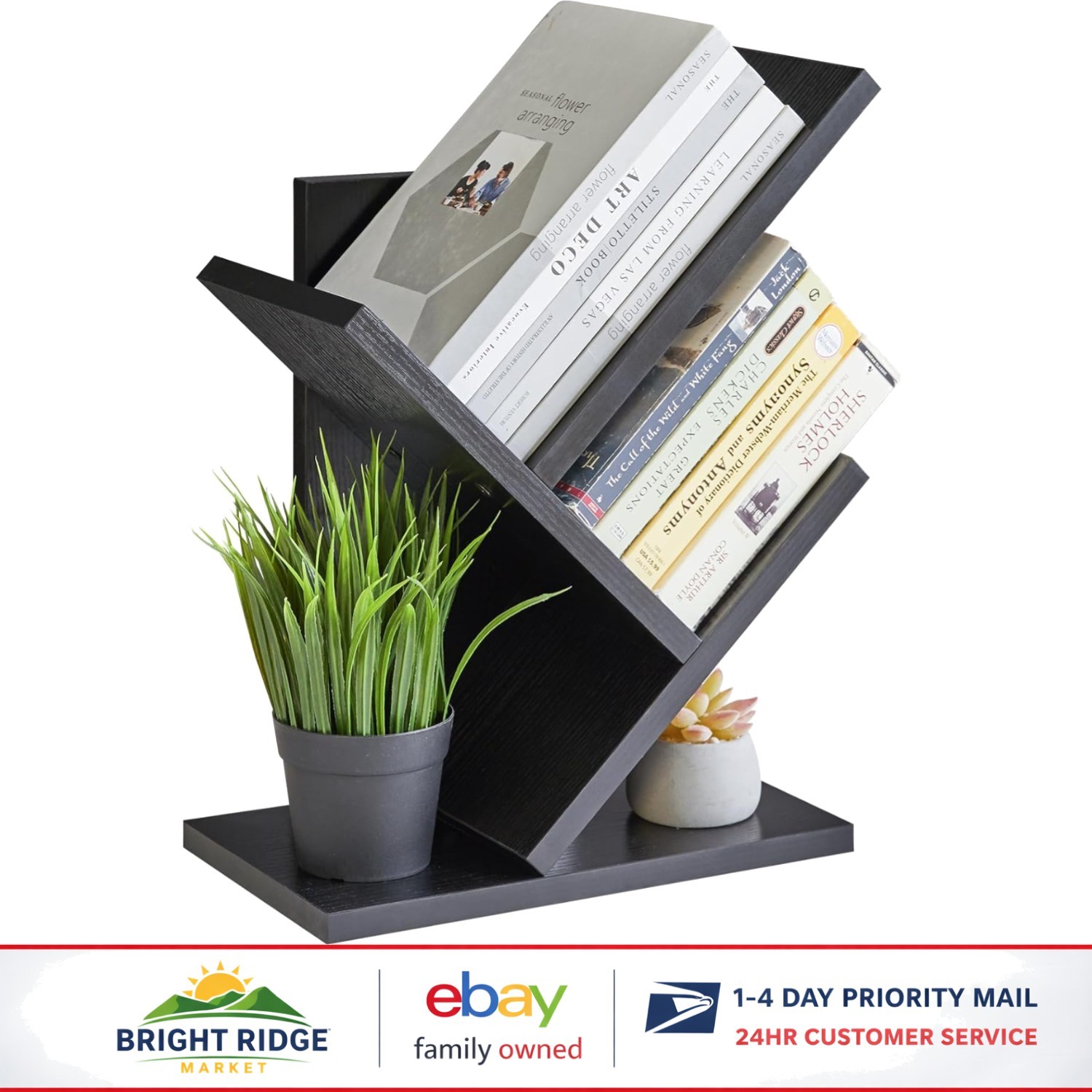 Black Engineered Wood Book Rack, Modern Design for Living Room Display gallery