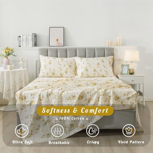 100% Cotton Percale Sheets for Size Bed - 14 Inches Deep King Yellow Floral gallery