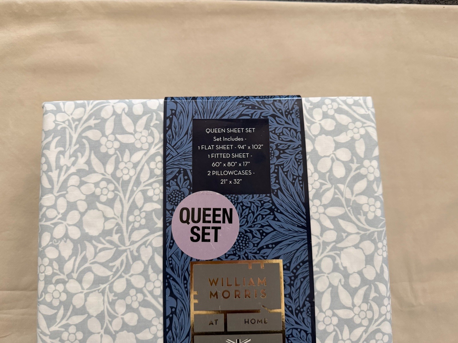 NEW 4pc William Morris England Queen Sheet Set TONAL CLOVER - SOFT BLUE & White gallery