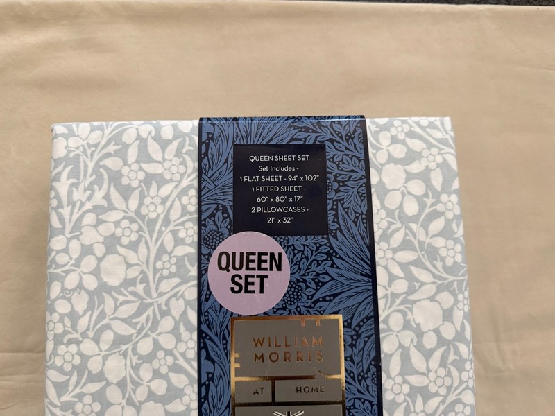 NEW 4pc William Morris England Queen Sheet Set TONAL CLOVER - SOFT BLUE & White gallery