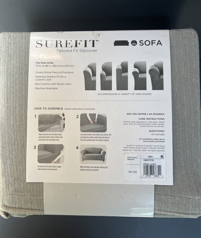 SureFit Stretch Chenille Sofa Couch Slipcover Smoke Grey Tailored Fit 72-88” NEW gallery